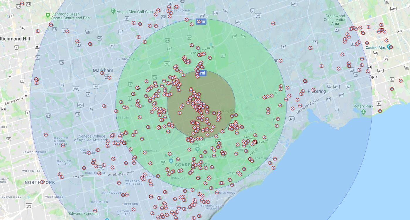 Maps identifying the area of residence of consultation survey respondents. Focused on concentrated respondent area of Northeast Scarborough.