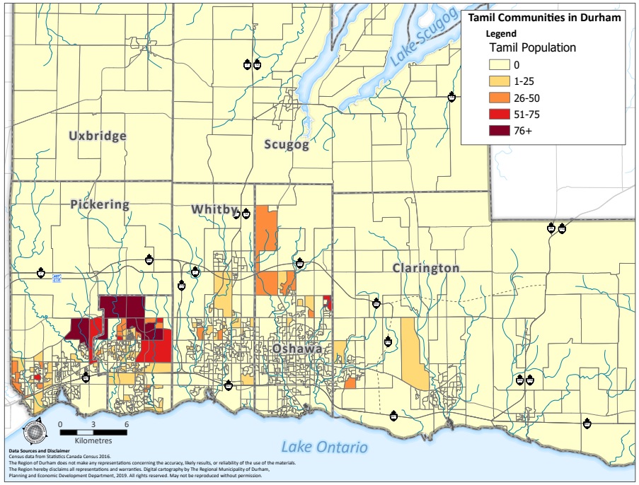 Census map showing concentration of Tamil speaking residents in the Durham region (2016). 