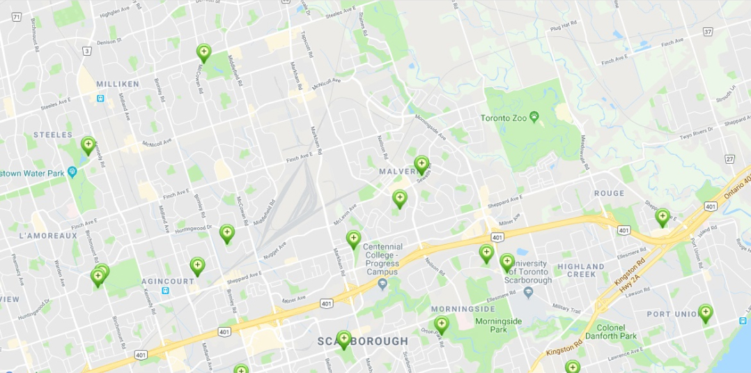 Fig. 4 City of Toronto run community centres in the Scarborough area, showing underserved region in Northeast Scarborough.